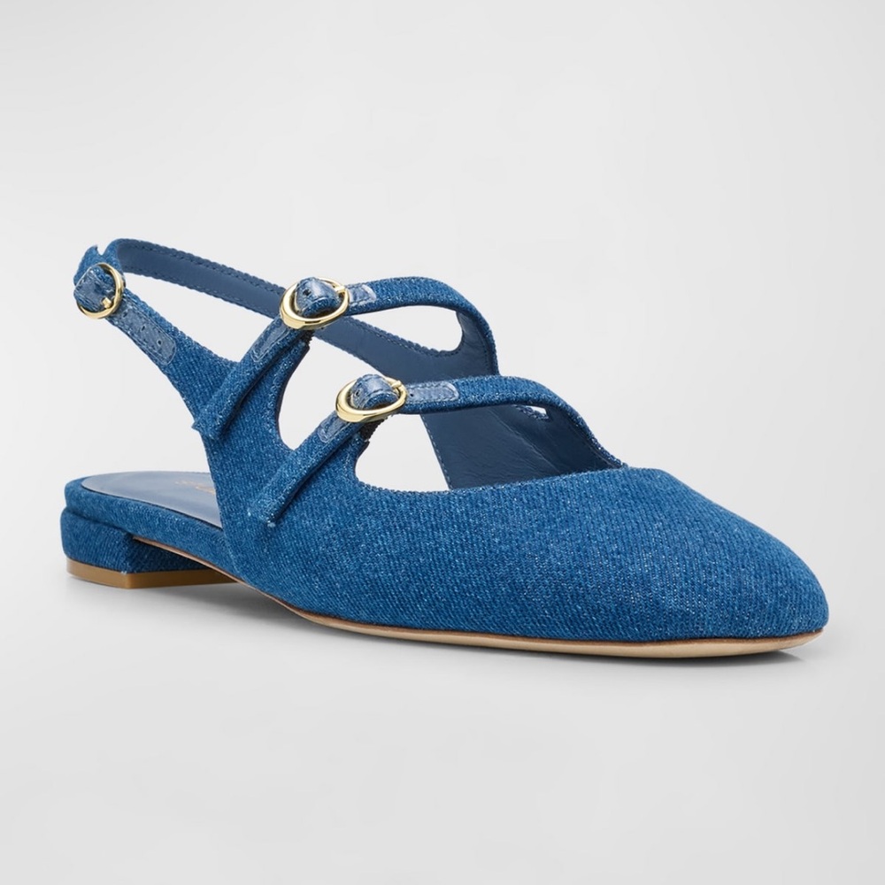 Stuart Weitzman Blue Denim Double-Strap Slingback Flats